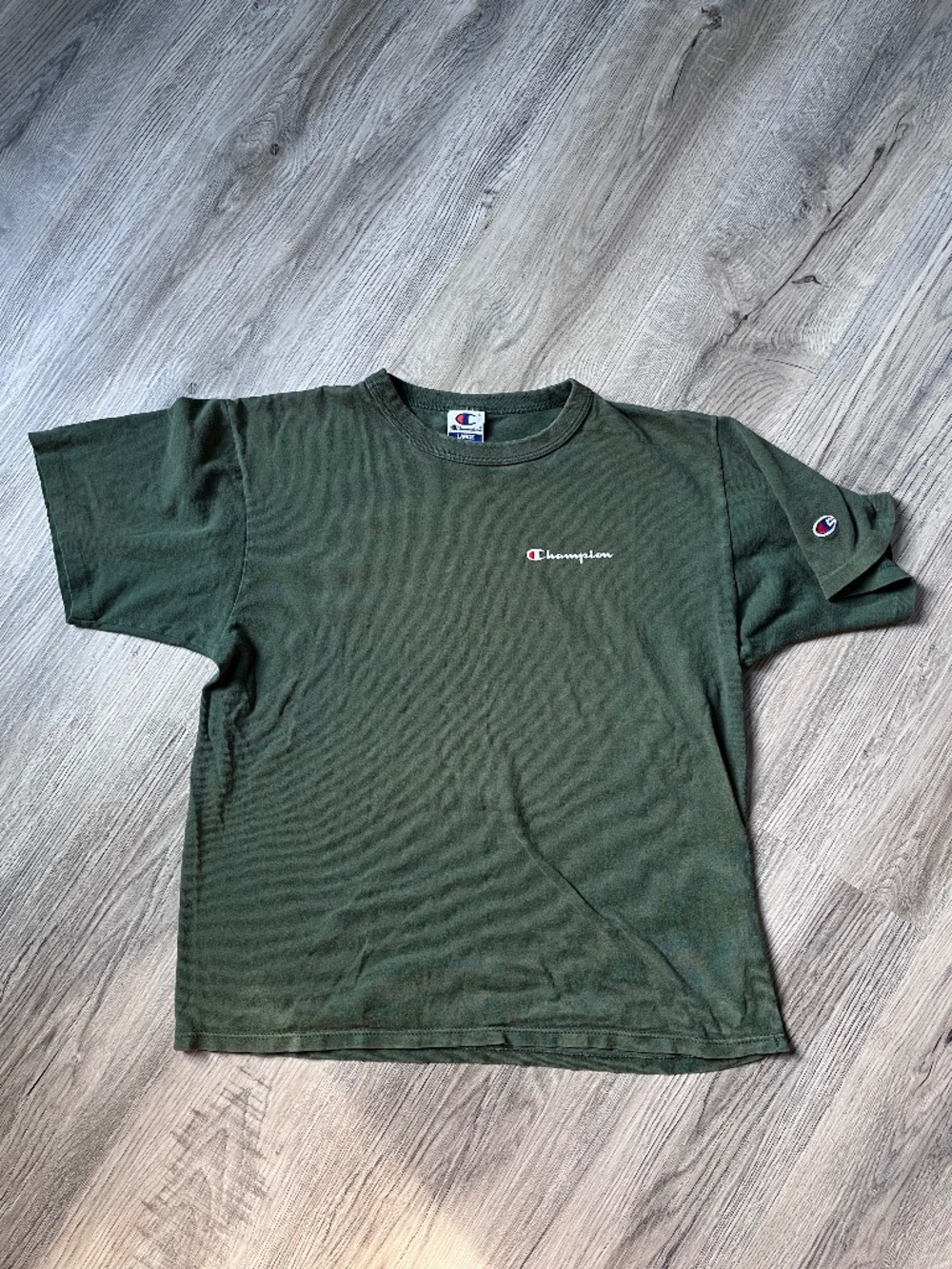 Vintage 80s Champion T Shirt Logo Green Made in USA large L cotton